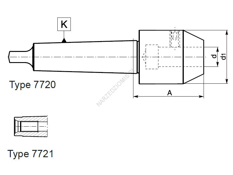 Rysunek techniczny: Oprawka zaciskowa ze st. Morse'a na chw.Weldon DIN 1835B: T.7720 MS2/FI6 - KOLNO
